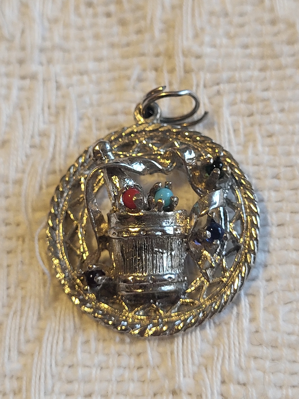 Silver Basket With Bottle Pendant with Red, Turquoise, and Navy Accent Stonees